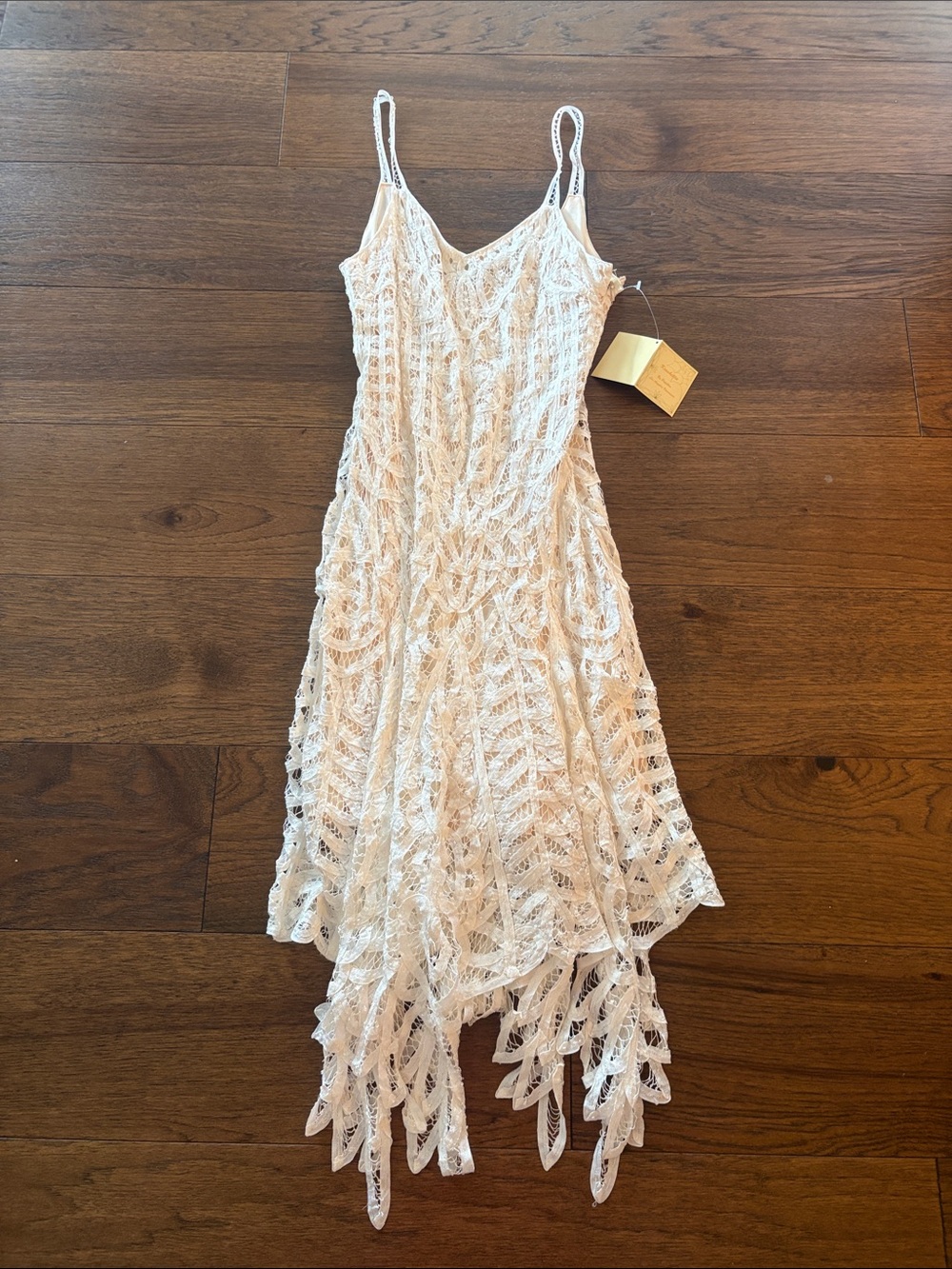 Asymmetrical Ivory Lace Slip Dress with Spaghetti Straps